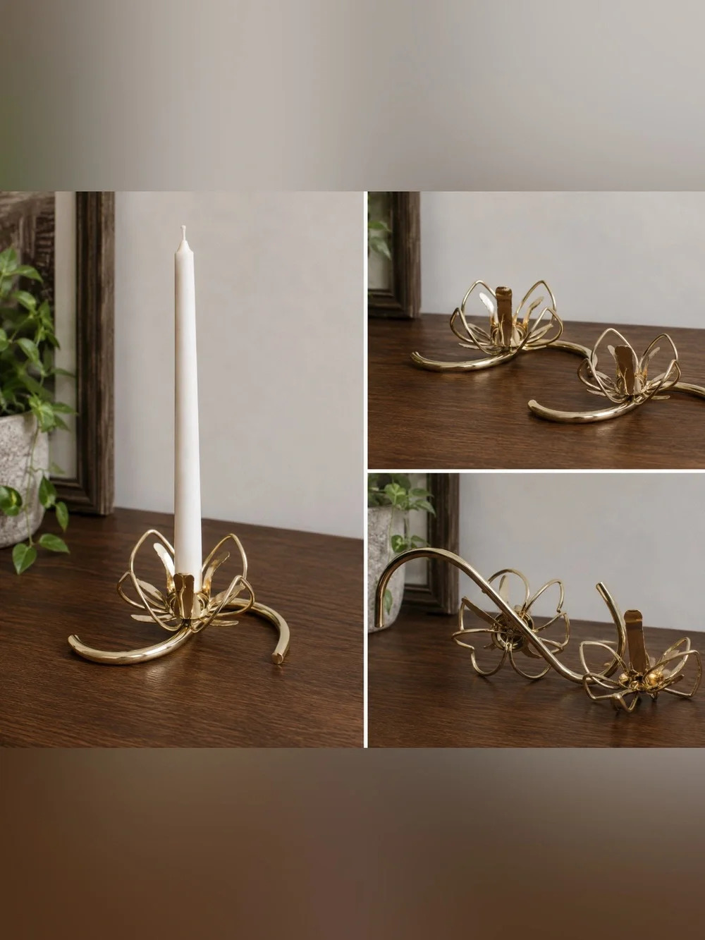 Brass Lotus Taper Candle Holders - Set of 2